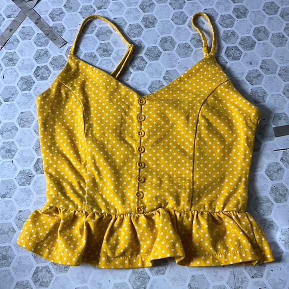 Forever 21 Tops - Forever 21 Small Yellow White Cropped Polka Dot Ruffle Tank Top